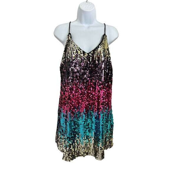 Colorful Sequin Party Mini Dress Sz M Sleeveless V-Neck Prom Discocore Y2K - Picture 4 of 5